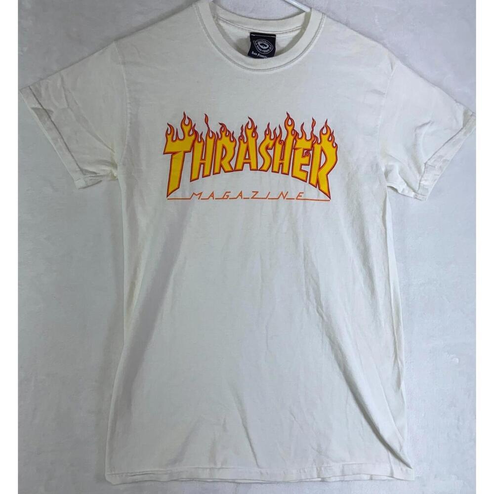 Thrasher Magazine Flame Logo White T-Shirt Y2k 90s Skater Punk Thrash Metal